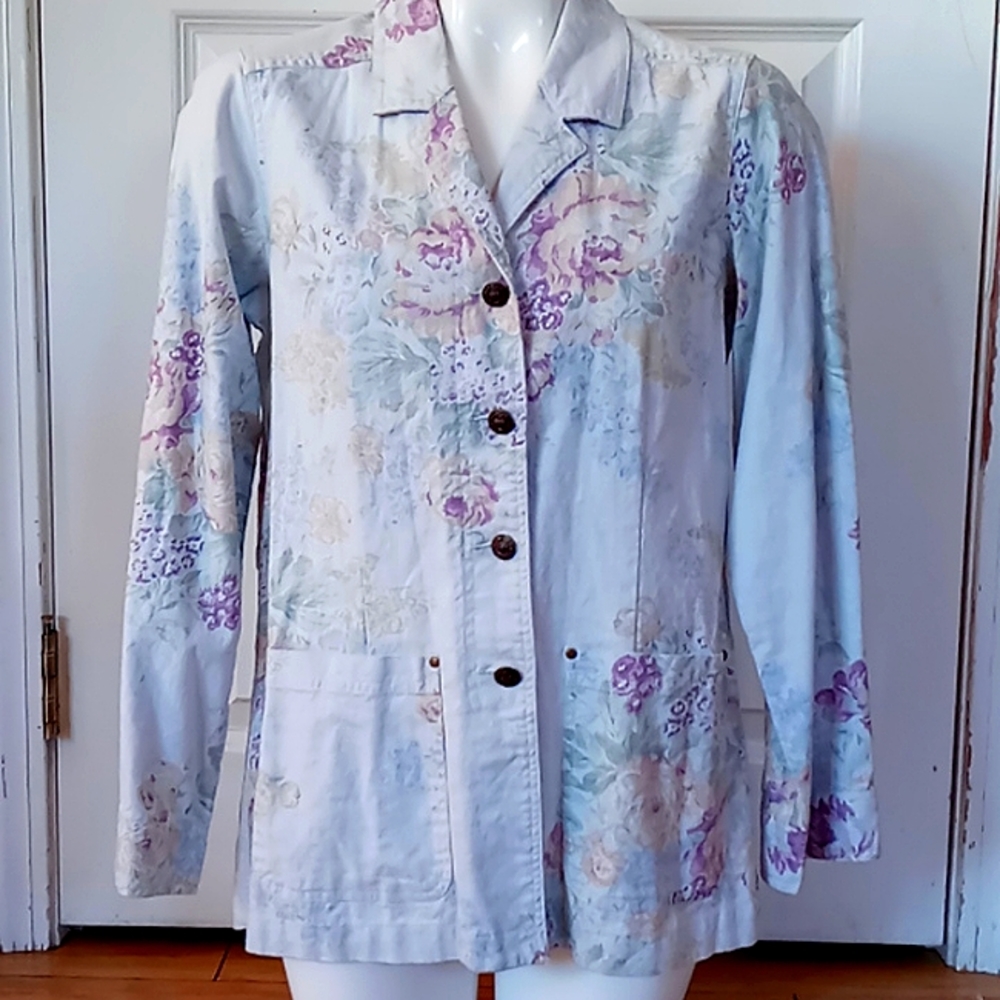 Denim & Co Chambray Floral Linen Blend Button down